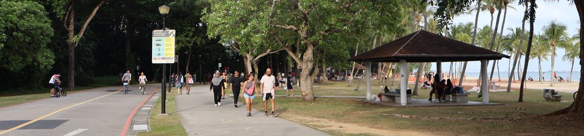 East Coast Park path with cyclists, joggers and the beach beyond