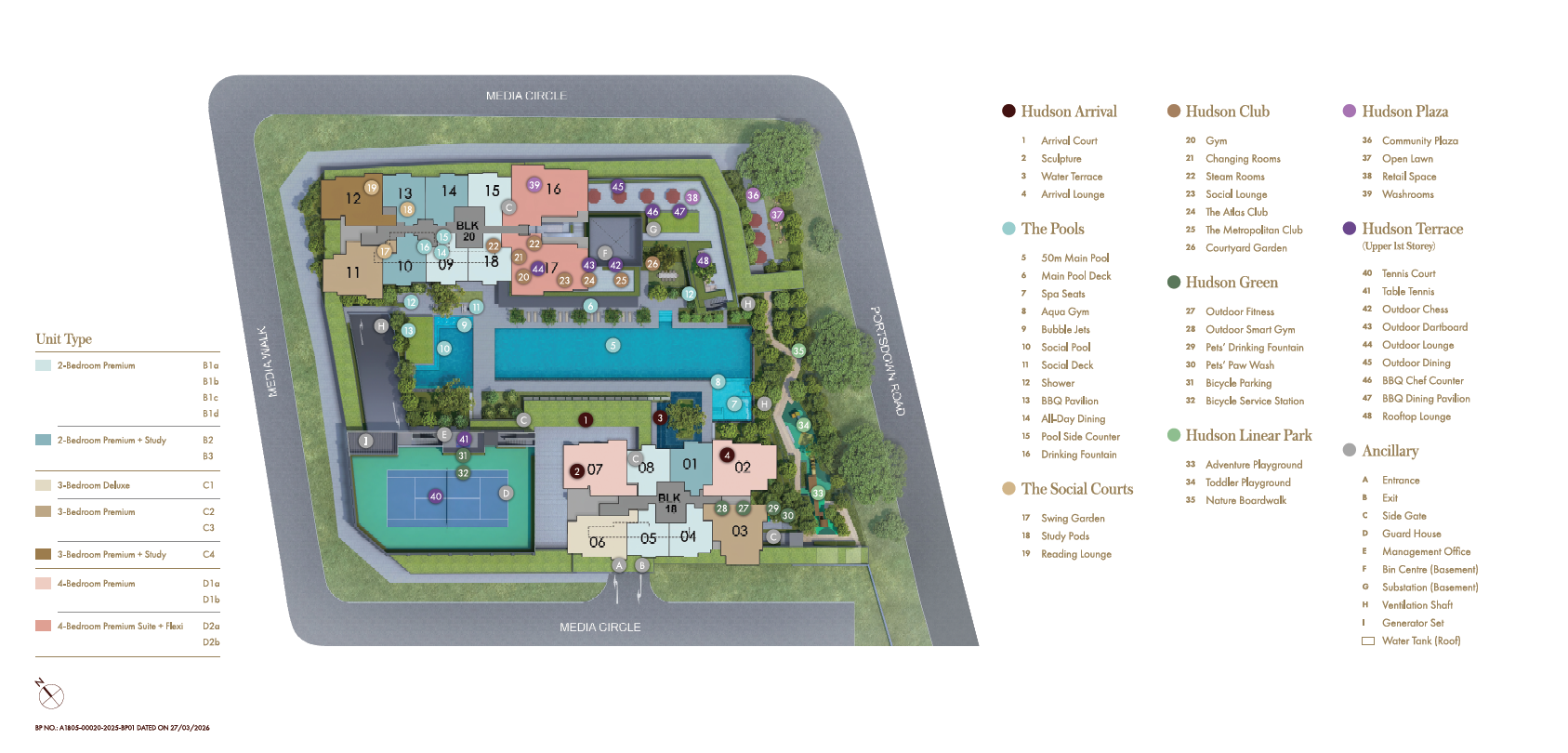 Hudson Place Residences site plan — two residential towers, central pool deck, ground-floor retail along Media Circle