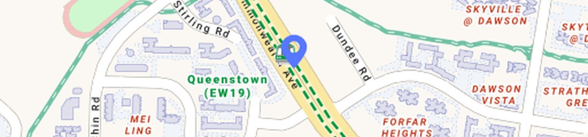 OneMap view of Queenstown MRT (EW19) on the East-West Line, a five-minute walk from Penrith
