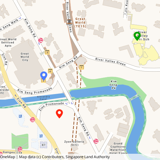 Promenade Peak location map — 1 Zion Promenade, beside Great World MRT (TE15) and within 1 km of River Valley Primary School
