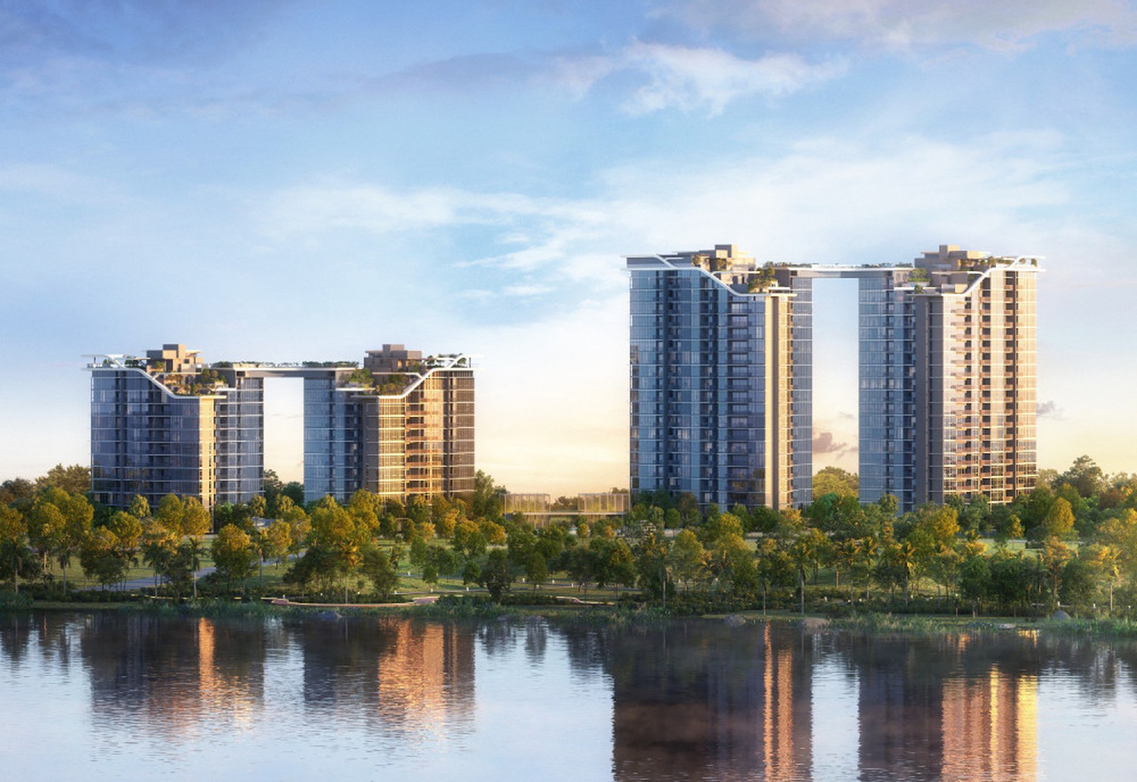 Sora towers overlooking Jurong Lake Gardens at dusk