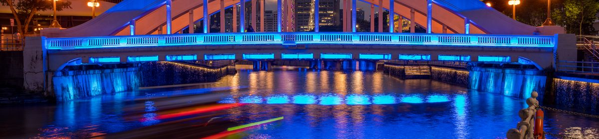 The Singapore River at blue hour near Zyon Grand